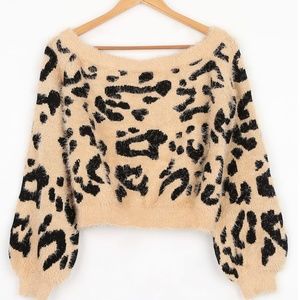 LULU'S - Earn Your Spots Beige Leopard Print Off-the-Shoulder Sweater